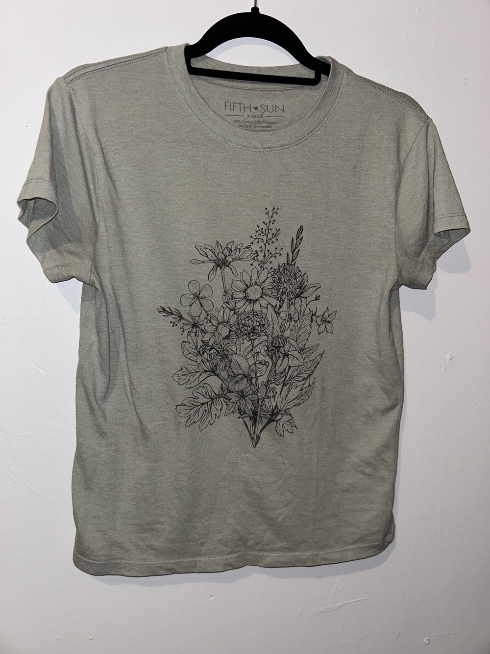 Fifth Sun Sage Green Tee with Black Floral Sketch